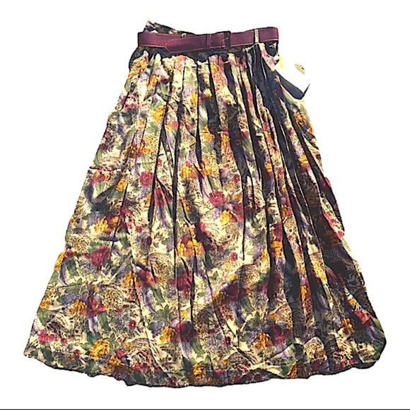 NWT Vintage 90s Floral Midi Skirt with Belt - Peacock Print Deadstock - Picture 1 of 7